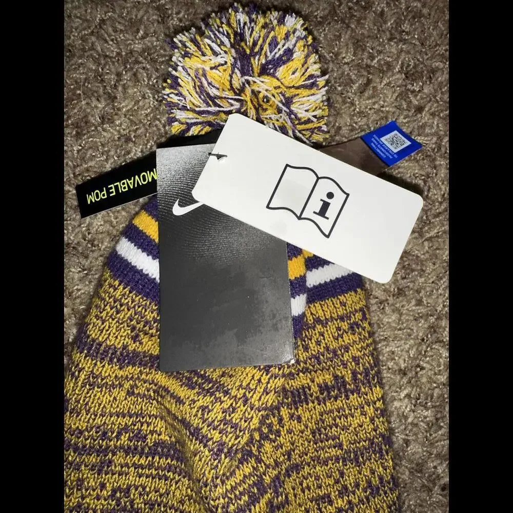 Nike LSU Tigers Purple Sideline Logo Cuffed Knit Hat with Pom Sample - Picture 11 of 11